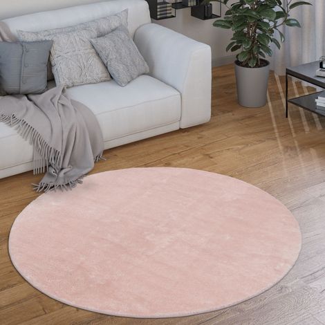 Paco Home Teppich Rund Wohnzimmer Kurzflor Modern Flauschig Waschbar Einfarbig Rutschfest Rosa, 80 cm Rund