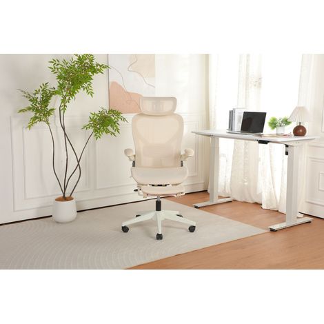 Irovami Chaise de bureau ergonomique pliable crème Soutien lombaire, appui-tête 3D, accoudoirs rabattables, maille