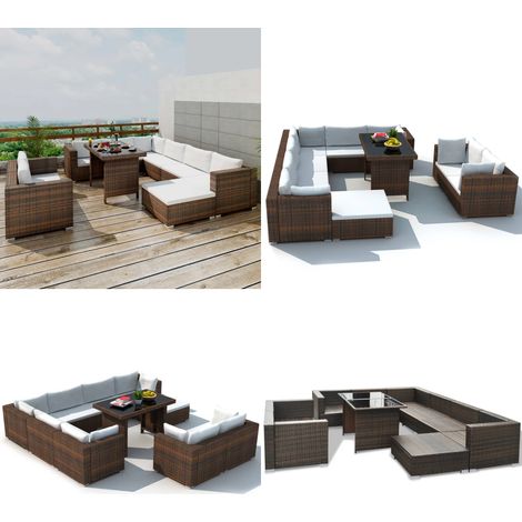 Salon de jardin 10 pcs avec coussins Résine tressée Marron - Meubles De Jardin - Salon De Jardin - Set De Salle À Manger - Table Et Chaises - Résine Tressée - Home & Living (1/5)