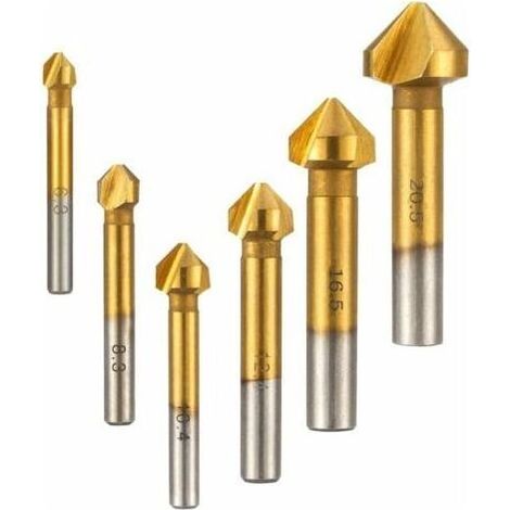 6 pièces fraise en noyer fraise conique 90° chanfrein HSS 6.3mm 8.3mm 10.4mm 12.4mm 16.5mm 20.5mm dents outil de revêtement en titane fraise cylindrique fraise pour bois métal PVC (1/5)