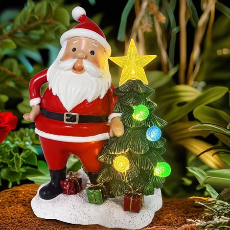Père Noël et lumières d'arbre lumière chaude à énergie solaire décoration d'ornements artisanaux en de résine (1/5)