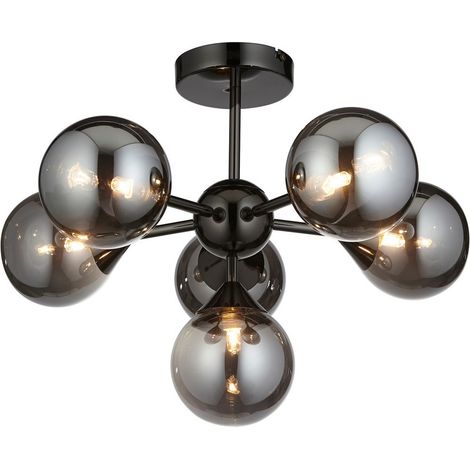 Endon Oscar Plafonnier semi-affleurant à 6 bras multiples avec abat-jour en verre, noir et chrome