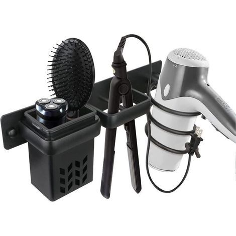 Bathroom Hair Dryer Storage Holder Accessories Organizer Set and Professional Wall Mounted Aluminum Hair Straightener Accessory, Shelf with Holes for Silver Black (1/4)