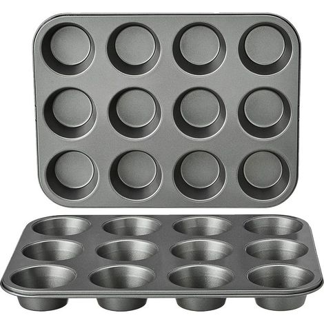 Round, non-stick muffin tins made of carbon steel, set of 2, grey (1/5)
