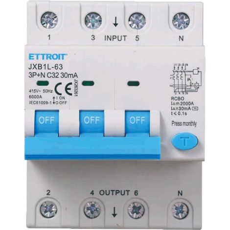 Ettroit Interruttore Magnetotermico Differenziale 3P+N 32A 30mA 380V-6KA JX263261 (1/4)