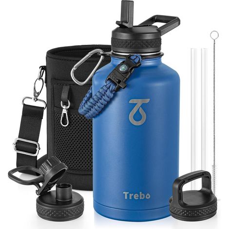 Edelstahl Trinkflasche 1,8L mit Paracord-Griff, 3 Deckel, isoliert