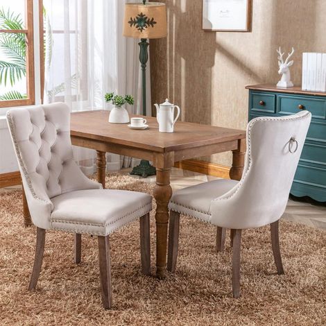 Esszimmerstühle 2er Set, Samt gepolstert mit hoher Rückenlehne, Holzbeine, Beige (1/5)