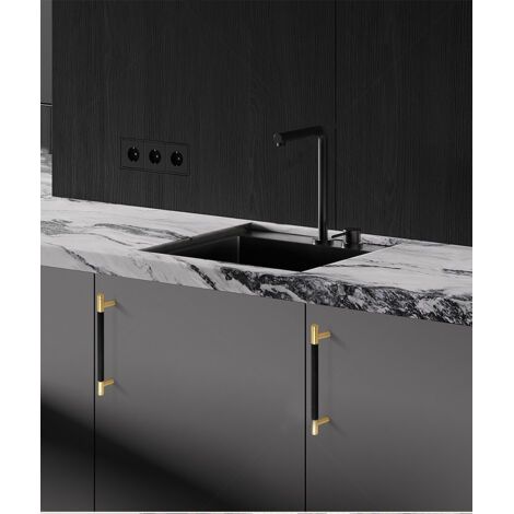 Lot de 2 poignées de meuble de cuisine en alliage d'aluminium noir et doré, distance entre les trous de 160 mm, avec vis, adaptées aux tiroirs de bureau (1/5)