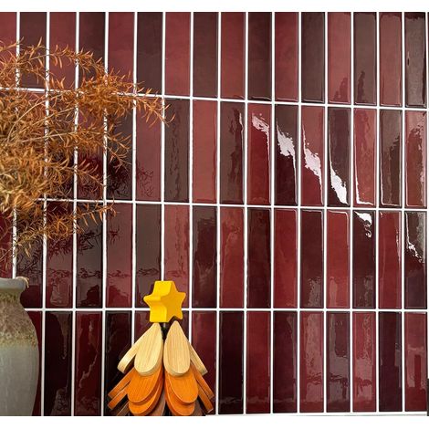 Lot de 10 feuilles de carrelage mural en vinyle imperméable pour cuisine et salle de bain, rouge (1/5)
