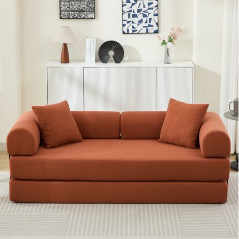 Canapé-lit convertible 200x90x75 cm en velours côtelé orange avec 2 coussins pour salon – MEUBLIV (1/5)