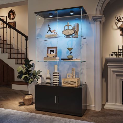 Comanlai - Vitrine en Verre, Transparent vitrine de collection avec lampe et Espace de rangement caché - 4 Couche - Noir (1/5)