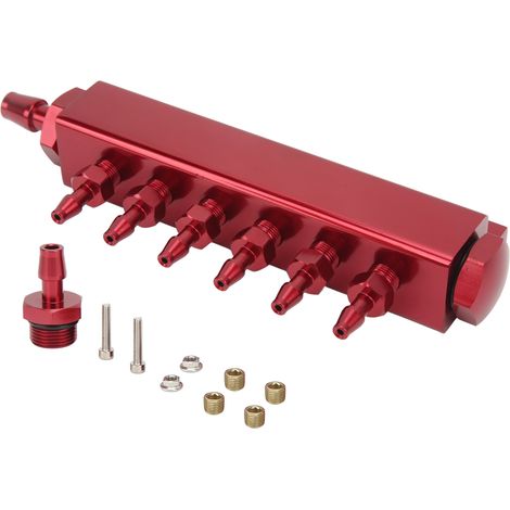 Kit 6 Ports Collecteur d'Admission Vacuum, Raccord NPT 1/8in, Entrée/Sortie NPT 1/2in, Universel pour Auto Camion Turbo, Rouge (1/5)