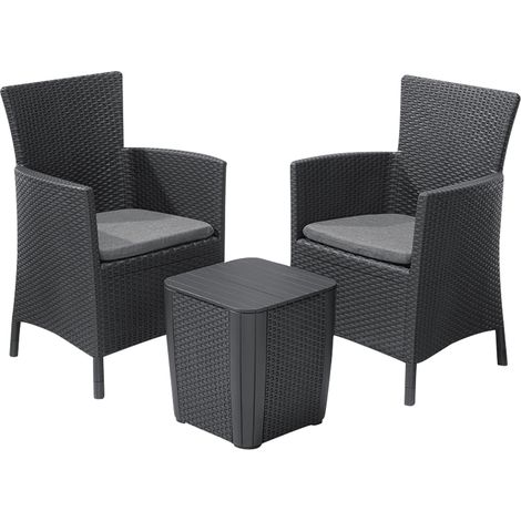 KETER Conjunto Sillón y Mesa IOWA GRIS balcón Terraza Jardín Exterior resina con Cojines silla (2x): 62 x 60 x 89 , mesa: 39 x 39 x 42 cm (1/4)