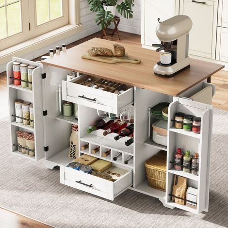 Îlot de cuisine,120x45(70)x92cm, avec plan de travail rabattable, roulettes, porte-bouteilles/épices/serviettes, porte-verres, blanc