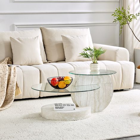 Mesa de centro de vidrio y MDF, diseño moderno multicapa, 90 x 44 cm, gris claro HAVRYA (1/5)