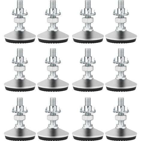 12 Pieds de nivellement, Vis de réglage M8x30mm, Acier inoxydable, Base caoutchouc, Pour meuble bureau machine