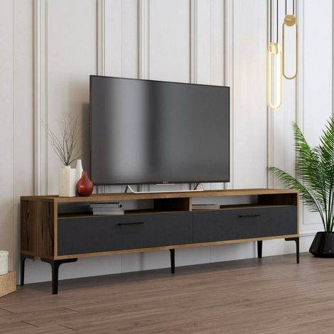 Dmora - Meuble TV Eltanin, Buffet de salon, Armoire basse pour TV, Base murale de rangement, 180x47h35 cm, Noyer et Anthracite, avec emballage renforcé (1/5)
