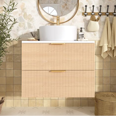 Meuble vasque suspendu 60x45x60 cm en MDF décor bois clair, 2 tiroirs gain de place – MEUBLIV (1/5)