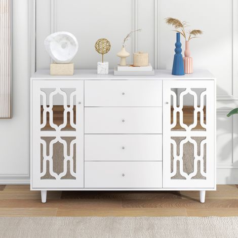 Aparador 147.5x40x102 cm blanco MDF con puertas espejadas y 4 cajones (1/5)