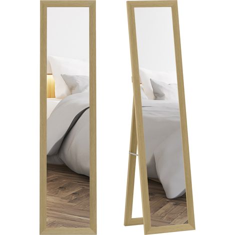 HOMCOM espejo de pie cuerpo entero ovalado 157x37 cm, con soporte, independiente, montaje pared y apoyado, para salón, entrada, roble