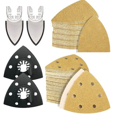 104PCS kit de plateaux ponçage multitool 93mm pour ponceuse delta disponible en plusieurs triangulaires grains adapté aux espaces restreints bois - (1/5)