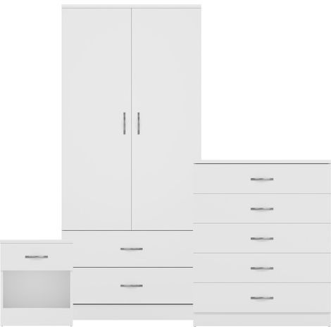Riano 3 Piece Bedroom Set (1 Drw Bedside Chest, 5 Drw Chest, 2 Door 2 Drw Wardrobe), White (1/3)