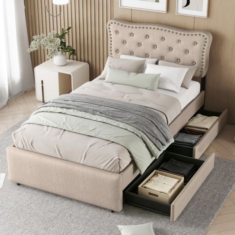 Lit plat 90 x 200 cm en tissu capitonné, avec table de chevet assortie capitonnée et ornée de clous décoratifs, dotée de deux tiroirs, couleur beige foncé (1/5)
