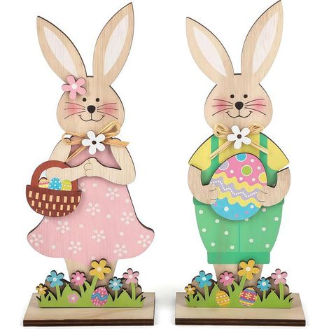 2 Figurine de lapin, Bois, Design élégant, Socle stable, Décoration de table pour Pâques (1/5)