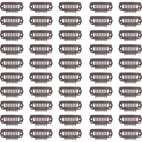 50 pièces attaches à cheveux en acier inoxydable 8 dents avec embouts caoutchouc pour extensions et perruques marron foncé (1/5)
