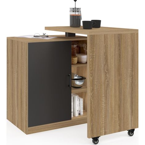 Idmarket – Îlot central rotatif 2 en 1 – Plateau pivotant 80/120 cm – Rangement intégré – Structure en panneaux de particules et métal noir