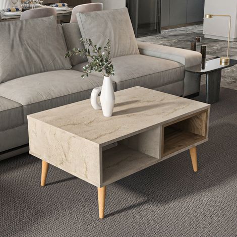 Table basse Oberon 90 x 60 cm – Design rectangulaire avec surface extensible (Travertine et Noyer)