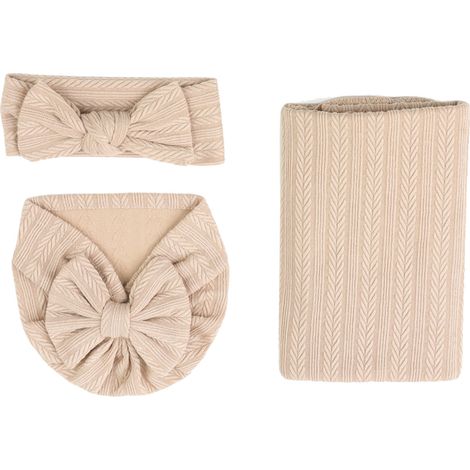3-teiliges Babydecken-Stirnband-Set aus Baumwolle und Polyester in Weizenoptik mit einfarbigem Stretchanteil, hellbraun (1/5)