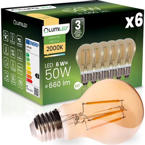 6x LED-Lampe E27 A60 6W 660LM = 50W 2000K Warmweiß 360° Glühfaden Bernstein LUMILED