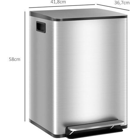 Poubelle de cuisine 2 compartiments de 2 x 20L, avec pédale, en acier inoxydable, couvercle à fermeture douce (1/5)