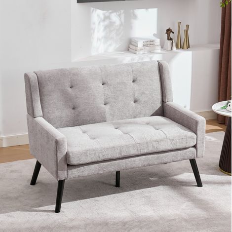Sofá de 2 plazas de lino con botones decorativos y patas de madera gris claro HAVRYA (1/5)