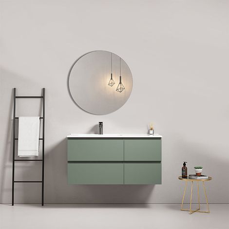 Mobile bagno sospeso 100 cm Verde Salvia Lavabo a Sinistra in Ceramica Specchio Tondo - Fiji Paint (1/5)