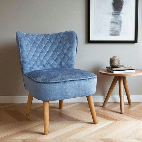 Fauteuil bleu tissu chenille - pieds bois, motif croisé IENA (1/2)