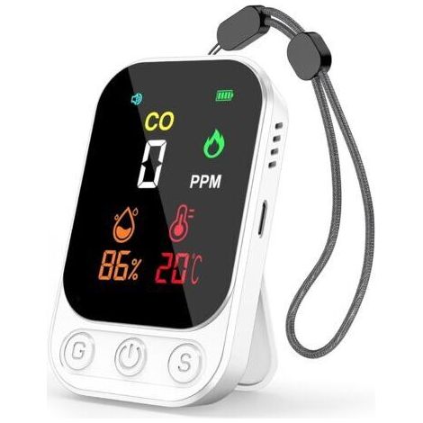 BUNTHAUS Blanc,Détecteur de Monoxyde de Carbone 3en1 Détecteur CO, Température et Humidité avec Alarme de 80 DB, Rechargeable, Portable, Support et Trou de Fixation pour Maison, Voyage et Bureau (1/5)