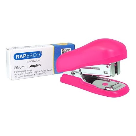 Grapadora rapesco bug mini capacidad 12 hojas usa grapas 26/6 color rosa incluye caja de 1000 grapas (1/4)