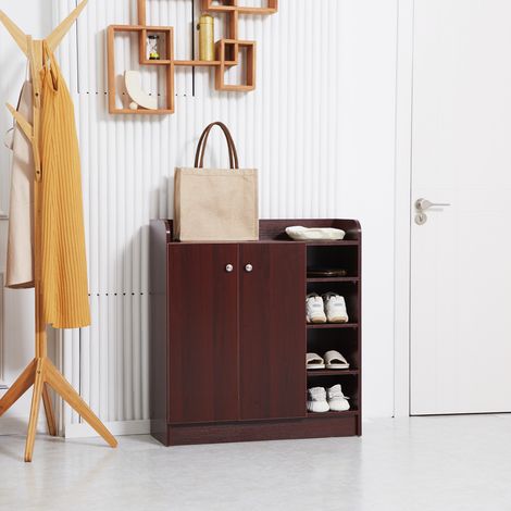 Zapatero de entrada con 4 estantes abiertos, armario multiusos para zapatos con 2 puertas y estantes ajustables, almacenamiento de zapatos que ahorra espacio para 12 pares, 83x30x90 cm, color café. (1/5)