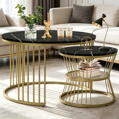 Ensemble de deux tables basses – table basse de salon – table basse – texture marbre noir – piètement doré – design luxueux et discret (1/5)