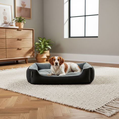 belviona Hundebett mit kuscheligem Wendekissen, pflegeleicht & rutschfest, gemütlicher Schlafplatz, 75x60 cm, schwarz/grau (1/5)