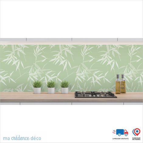 Crédence : Feuilles et bambou 2 - Couleur Vert blanc - Alu composite - 60 - 120 (1/3)