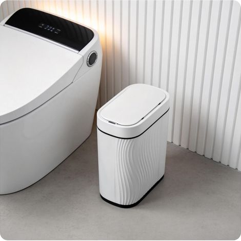 Poubelle automatique avec capteur, 8 l, électrique, avec couvercle, pour cuisine et salle de bain, étanche, anti-odeurs, pour bureau, chambre à coucher, WC, blanche, silencieuse (1/5)
