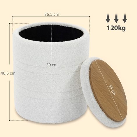 Pouf de rangement rond en Sherpa blanc avec couvercle réversible, siège multifonction pour salon et chambre (1/5)