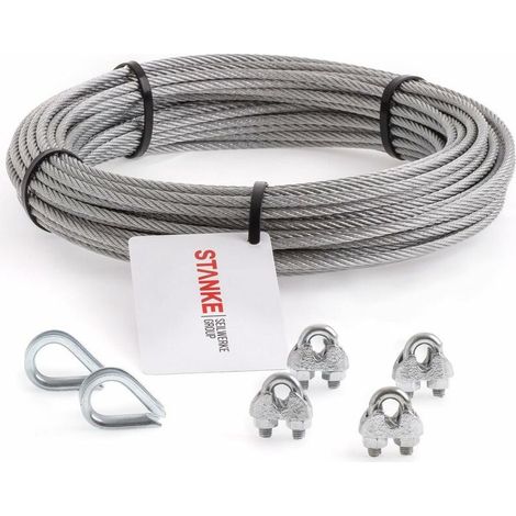 Seilwerk STANKE Cable d’acier galvanisé 10m diamètre 3mm 6x7, 8x Cosse-cèur, 16x Serre-cable è étrier - SET 3 (1/5)