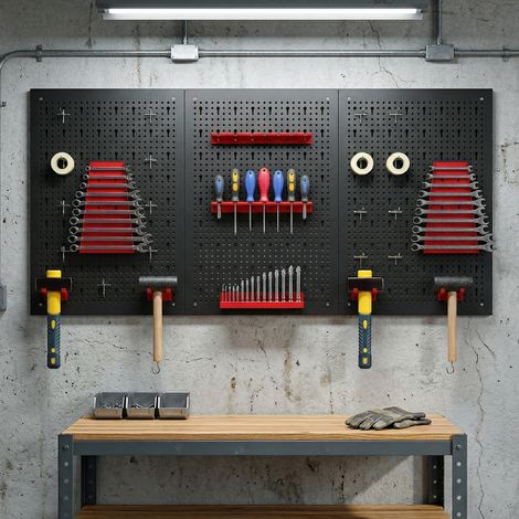 Lot de 2 plaques murales en acier noir et rouge pour atelier, avec 9 étagères et 16 crochets de rangement pour outils. (1/5)