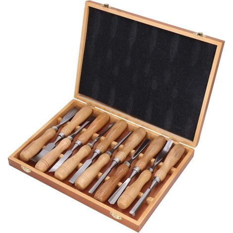 Set of 12 Wood Carving Tools, CRV Blade, Wooden Handle, Engraving Chisel Set for DIY Crafts (1/4)