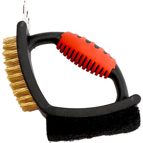 Brosse pour barbecue, brosse de nettoyage pour barbecues d'extérieur, multifonctionnelle avec poils en laiton, tampon à récurer et grattoir (Forme 2) (1/5)