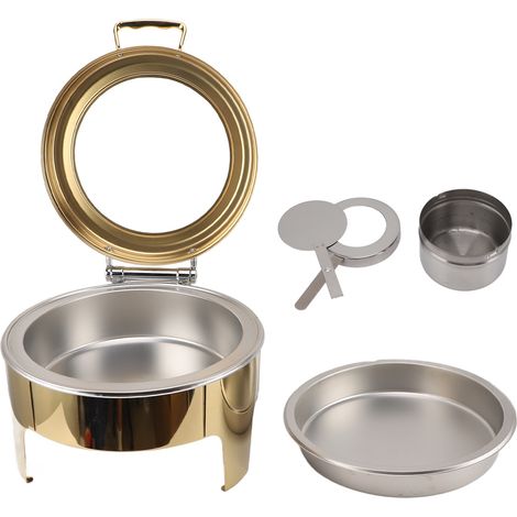 Assiette de service ronde dorée 90° couvercle basculant acier inoxydable 6L chauffe-plat alcool pour buffet (1/5)